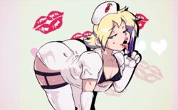 1boy 1femboy androgynous ass big_ass black_bra bra cloud_strife femboy femboy_nurse feminine_male final_fantasy final_fantasy_vii garter_belt garter_straps girly gloves licking lipstick lipstick_mark looking_at_viewer male_only nurse nurse_cap nurse_hat nurse_uniform penis_under_dress solo spazkid stockings sweat sweatdrop sweating syringe tongue tongue_out trap