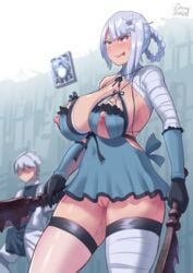 1boy 1girls absurd_res areolae big_breasts blush breasts curvy_figure faceless_male female female_focus functionally_nude genital_fluids grimoire_weiss high_resolution huge_breasts kaine_(nier) large_breasts male nier nier:_automata nier_(character) nier_(series) nier_replicant nipples nude nude_female pussy silver_hair solo_focus standing sweat sword thick_thighs thigh_gap thighhighs thighs uncensored very_high_resolution wide_hips zheng