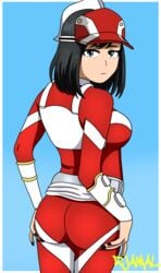 1girls ass black_hair blue_background blue_eyes female_human female_only hero_outfit_(mha) human kodai_yui looking_at_viewer looking_back my_hero_academia short_hair shounen_jump superhero_costume superheroine teenager yui_kodai