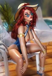 1girls 3d beach blue-tinted_eyewear blue_eyes breasts breasts_out exposed exposed_breasts female league_of_legends looking_over_eyewear looking_over_glasses looking_over_sunglasses miss_fortune pinup pool_party_miss_fortune pool_party_series realistic red_hair sevenbees solo sunglasses thighs tinted_eyewear