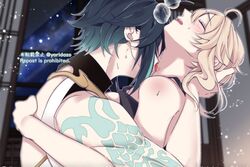 blonde_hair blush closed_eyes flower genshin_impact green_hair head_tilt heat lumine_(genshin_impact) neck_kiss pleasure_face tattoo xiao_(genshin_impact) yoridazo