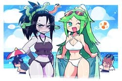 2021 2boys 2girls angel angel_wings beach big_breasts bikini black_hair breasts brown_hair cleavage crap-man dark_pit female female_focus goddess green_hair kid_icarus kid_icarus_uprising long_hair looking_at_viewer male medusa_(kid_icarus) nintendo palutena pit_(kid_icarus) short_hair swimsuit wings