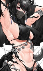 1girls abs absurdres armlet armpits arms_up au_ra bangs black_hair breasts dancer female final_fantasy final_fantasy_xiv harem_outfit highres horns jewelry large_breasts lilycious medium_hair navel parted_lips red_eyes scales see-through sideboob smile solo tail xaela