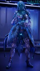 1080p 3d 3d_(artwork) alien_humanoid bioluminescence clothing glowing_genitalia glowing_pussy niki3d presenting presenting_pussy pussy simple_background skirt skirt_lift solo standing warframe yareli_(warframe)