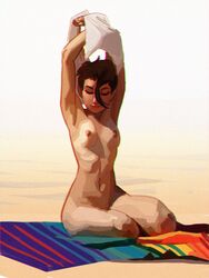 1girls arms_up beach brown_hair ndasfw nude realistic sitting small_breasts solo towel undressing