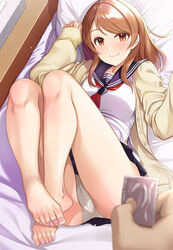 1boy 1girls bed before_sex blush brown_eyes brown_hair condom condom_wrapper female houjou_karen idolmaster idolmaster_cinderella_girls legs long_hair looking_at_viewer lying_on_bed male mk_(mod0) panties school_uniform smile straight toenail_polish toes