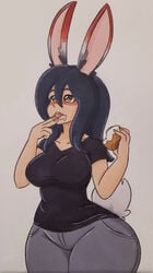 big_ass big_breasts black_hair black_shirt blush brown_eyes bunny_ears bunny_girl bunny_tail dessert heart-shaped_pupils icing jeans jumneyarts licking masaeanela thick_thighs tongue_out