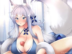 1boy 1girls animal_ear_fluff animal_ears artist_name azur_lane bare_shoulders blue_collar blue_dress blue_eyes blush breasts censored collar dain_(bishop_m) dress evening_gown eyebrows_visible_through_hair feather_boa female fox_ears halter_dress halterneck huge_breasts indoors kitsune kyuubi large_tail light-skinned_female light-skinned_male light_skin long_hair mosaic_censoring multiple_tails official_alternate_costume paizuri paizuri_under_clothes penis shinano_(azur_lane) shinano_(dreams_of_the_hazy_moon)_(azur_lane) silver_hair tail very_long_hair white_tail