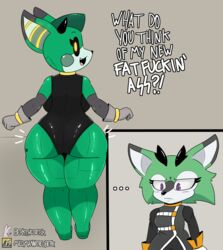 2021 anthro antlers archie_comics berkthejerk black_nose black_sclera cassia_the_pronghorn clothing clove_the_pronghorn cybernetics cyborg duo english_text female fur gloves green_body green_fur handwear hi_res horn machine mammal open_mouth profanity pronghorn purple_eyes sega sonic_(series) sonic_the_hedgehog_(archie) sonic_the_hedgehog_(comics) text thick_thighs yellow_eyes