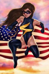 1girls 2019 american_flag artist_request breasts brown_eyes brown_hair dark-skinned_female dark_skin domino_mask female female_only kamala_khan long_hair marvel marvel_comics ms._marvel_(carol_danvers)_(cosplay) pakistani solo superheroine thigh_boots thighhighs