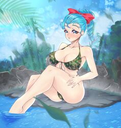 1girls big_breasts bikini blue_eyes blue_hair breasts bulma_briefs camouflage_bikini curvy darkmoney1 detailed_background dragon_ball earrings eyebrows_visible_through_hair female female_only looking_at_viewer nipple_bulge ponytail teenager thick_thighs water wide_hips