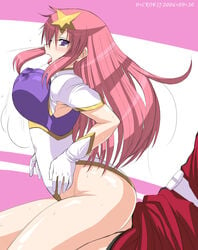 blush bounce bouncing_breasts breasts cowgirl_position curvy d_kurouri erect_nipples from_behind gloves gundam gundam_seed gundam_seed_destiny highres large_breasts long_hair meer_campbell open_mouth pink_hair purple_eyes purple_hair rape reverse_cowgirl_position sex skin_tight spandex star straddle sweat tongue