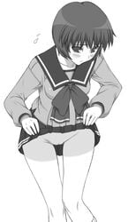 blush clothing high_resolution monochrome nagaoka_shiho no_panties pussy school_uniform serafuku shaved_pussy shichimenchou short_hair skirt skirt_lift to_heart to_heart_(series) uncensored