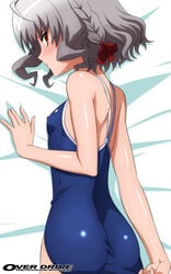 adjusting_swimsuit ass bell_zephyr blush braid erect_nipples flat_chest grey_hair highres lying night_wizard on_stomach one-piece_swimsuit orange_eyes school_swimsuit short_hair sugimura_tomokazu swimsuit