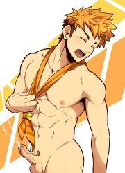 camp_buddy closed_eyes cum cum_drip cumshot hiro_akiba kuroshinki male male_only muscular muscular_male nipples orange_hair orange_pubes pecs penile_masturbation penis pleasure_face pubes pubic_hair scarf scarf_pull standing sweat