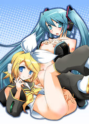 2girls aqua_eyes aqua_hair ass blonde_hair blue_eyes blush boots bottomless breast_suppress detached_sleeves female female_only flat_chest hair_ornament hair_ribbon hairclip hatsune_miku headset hermmy kagamine_rin long_hair lying masturbation multiple_girls nipples on_back open_clothes open_mouth open_shirt ribbon school_uniform serafuku shirt short_hair smile tattoo thighhighs tied_hair topless twintails very_long_hair vocaloid