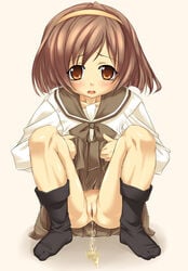 brown_eyes brown_hair buresu censored footwear imasaka_yue memories_off no_panties peeing pussy school_uniform skirt skirt_lift socks