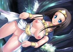 bottomless bracelet breasts brown_hair cape choker circlet clothing dragon_quest dragon_quest_viii dress dress_lift dutch_angle female female_only forest highres human jewelry long_hair medium_breasts nature no_bra no_panties open_clothes open_shirt princess princess_medea pussy shinozuka_jouji shirt solo uncensored wading water