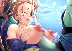 1boy 1girls blush breasts censored clothing cum cum_explosion cum_on_closed_eye cum_string cum_trail dragon_quest dragon_quest_viii dress earrings ejaculation erection facial female highres huge_breasts huge_cock human jessica_albert jewelry large_breasts male nipples paizuri penis projectile_cum pubic_hair sex shinozuka_jouji short_hair solo_focus square_enix straight strapless_dress tied_hair titfuck twintails wink