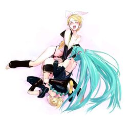 1boy 2girls anal anal_piledriver ass back bisexual bisexual_female blonde_hair blue_hair brother_and_sister clothed_sex detached_sleeves dress facesitting female femdom ffm_threesome group_sex hatsune_miku human human_only incest kagamine_len kagamine_rin long_hair multiple_girls nipples pegging piledriver_position ribbon sex short_hair siblings sitting_on_person straight strap-on threesome twins twintails undressing vocaloid white_background