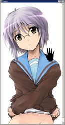 bottomless cum facial fake_scrollbar glasses mound_of_venus nagato_yuki no_panties out-of-frame_censoring school_uniform seifuku serafuku short_hair silver_hair suzumiya_haruhi_no_yuuutsu undressing yellow_eyes