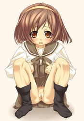 brown_eyes brown_hair buresu censored footwear imasaka_yue memories_off no_panties pussy school_uniform serafuku skirt skirt_lift socks