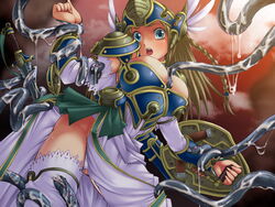 blonde_hair blue_eyes bondage braid breasts cleavage dress elbow_gloves gloves helmet imminent_rape imminent_sex implied_penetration long_hair rape shield silmeria_valkyrie surprised sword team-tanabe tentacle tentacles_under_clothes thighhighs topless valkyrie_profile weapon