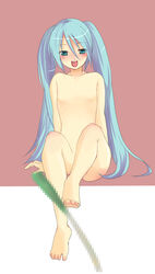 aqua_hair blush censored hatsune_miku leek nude sazame tied_hair twintails vocaloid