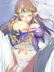 blush breasts brown_hair censored closed_eyes clothed_sex clothing crown erect_nipples erect_nipples_under_clothes hat hima huge_breasts large_breasts long_brown_hair long_hair mosaic_censoring nintendo nipples one_breast_out open_mouth panties panties_aside penis pointy_ears princess_zelda rape raped_royalty sex spread_legs straight_hair the_legend_of_zelda torn_clothes twilight_princess underwear vaginal_penetration white_panties white_panties_aside zelda_(twilight_princess)