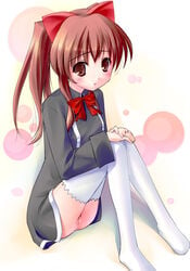 aloe brown_eyes brown_hair no_panties pointy_chin ponytail pussy quiz_magic_academy ribbon school_uniform serafuku thighhighs tied_hair uncensored