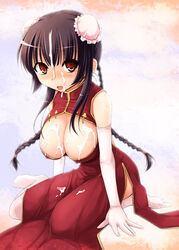 bare_shoulders black_hair blush braid breasts brown_eyes bun_cover china_dress chinadress chinese_clothes cleavage cum cum_on_body cum_on_breasts cum_on_clothes cum_on_face elbow_gloves embarrassed fully_clothed gloves gundam gundam_00 kneeling kurikara twin_braids wang_liu_mei wet