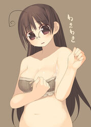 1girls arima_senne armpits blush bra breasts brown_background brown_eyes brown_hair clothing cum cum_on_armpit female female_only glasses human kashiwamochi_yomogi long_hair original solo sweat white_skin