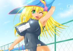 armpits artist_request blonde_hair blush breasts clothed_navel cute_fang dark_magician_girl duel_monster erect_nipples female green_eyes huge_breasts impossible_clothes impossible_clothing impossible_swimsuit long_hair navel nipples one-piece_swimsuit open_mouth puffy_nipples school_swimsuit shonen_jump shounen_jump shueisha skin_tight smile source_request swimsuit wand weekly_shonen_jump weekly_shounen_jump wet wink yu-gi-oh! yu-gi-oh!_duel_monsters yuu-gi-ou yuu-gi-ou_duel_monsters