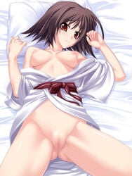 bed breasts buresu japanese_clothes lying memories_off memories_off_2nd nipples no_bra no_panties pointy_chin puffy_nipples pussy red_eyes short_hair tobise_tomoe uncensored