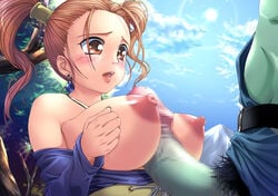 1boy 1girls blush breasts censored clothing dragon_quest dragon_quest_viii dress female highres human jessica_albert large_breasts male paizuri penis pubic_hair shinozuka_jouji solo_focus straight strapless_dress titfuck