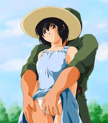 black_hair bob_cut brown_eyes censored clothing dress dress_lift faceless_male fingering fingering_from_behind fingering_through_panties from_behind hat noir_(anime) outdoors panties reach_around short_hair straw_hat sundress thigh_gap thighs type-r underwear white_panties yuumura_kirika