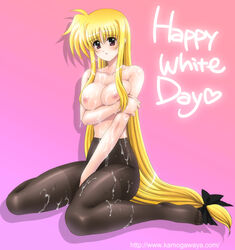 blonde_hair blush bow breast_hold breasts cum fate_testarossa kamogawa_tanuki long_hair low-tied_long_hair lyrical_nanoha mahou_shoujo_lyrical_nanoha mahou_shoujo_lyrical_nanoha_strikers no_panties pantyhose red_eyes topless very_long_hair white_day