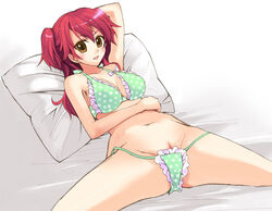 bed blush bra gundam gundam_00 lingerie nena_trinity otabe_sakura otabetaste panties pointy_chin pussy red_hair spread_legs uncensored underwear yellow_eyes