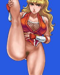 1girls ass blonde_hair bottomless breasts brown_eyes cleavage female female_only final_fight fingerless_gloves flexible gloves hairy_pussy human lips lowres maki_genryusai matoyama ninja no_panties oekaki pointy_chin pubic_hair pussy solo straight_hair street_fighter uncensored