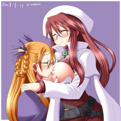 2girls aliese aty belt beret blush braid breast_sucking breastfeeding breasts brooch cape closed_eyes d_kurouri elbow_gloves female glasses gloves hair_ribbon hat jewelry large_breasts long_hair multiple_girls orange_hair red_hair ribbon shirt_lift summon_night summon_night_3 sweat yuri