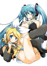 2girls aqua_eyes aqua_hair blonde_hair blue_eyes blush boots bottomless breast_suppress detached_sleeves female female_only flat_chest hair_ornament hair_ribbon hairclip hatsune_miku headset hermmy kagamine_rin long_hair lying masturbation multiple_girls nipples on_back open_clothes open_mouth open_shirt ribbon school_uniform serafuku shirt short_hair smile tattoo tied_hair topless twintails very_long_hair vocaloid