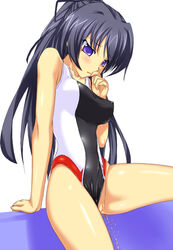 blush breasts buresu censored competition_swimsuit erect_nipples impossible_clothes impossible_clothing impossible_swimsuit large_breasts long_hair memories_off memories_off_2nd one-piece_swimsuit peeing ponytail purple_eyes pussy suzuna_takano swimsuit swimsuit_aside tied_hair