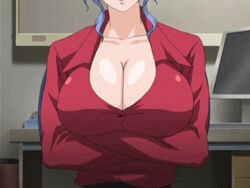 animated animated_gif arms_crossed blue_hair breast_hold breasts cleavage large_breasts makimura_ryouko milf screencap screenshot tagme tokubetsu_byoutou uniform