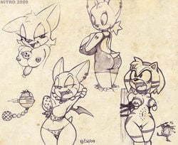 1boy 2009 2girls amy_rose anthro barcode barcode_tattoo bat breasts dated dr_robotnik ear_piercing female furry hand_drawn hedgehog large_breasts monochrome nitro pencil_(artwork) piercing rouge_the_bat sonic_(series) sonic_the_hedgehog_(series) swimsuit traditional_media_(artwork) tribal tribal_markings