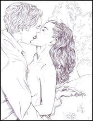 closed_eyes draco_malfoy ericahpfa ginny_weasley harry_potter kissing medium_breasts monochrome open_mouth tagme