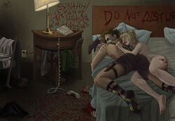 1boy 1girls batman_(series) bed blood blood_writing dc dc_comics female harleen_quinzel harley_quinn male nude_female shirtless_male sleeping straight tagme the_dark_knight the_joker unknown_artist