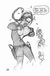 accidental_exposure adam_hughes big_breasts black_and_white breasts female gun guns holster inconvenient_breasts lara_croft lara_croft_(classic) large_breasts monochrome nipples sketch struggle struggling struggling_to_fit tagme tight_clothing tomb_raider trying_to_cover_up wardrobe_malfunction