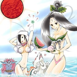 amaterasu black_hair heart issun okami oki_(okami) peach_(fruit) rao sakuya_(okami) smile tagme water watermelon white_fur wolf