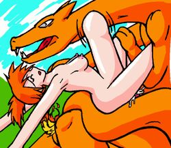 charizard female huge_insertion human jim_sugomi kasumi_(pokemon) male misty_(pokemon) nintendo pokemon pokemon_(species) pokephilia stomach_bulge