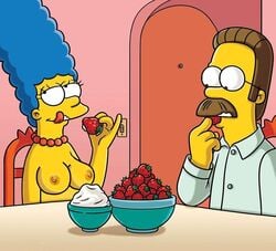 blue_hair breasts brown_hair clothed clothes color eating female glasses huge_eyes human indoors male marge_simpson matt_groening_(style) ned_flanders nipples nude sitting strawberry tagme the_simpsons toony